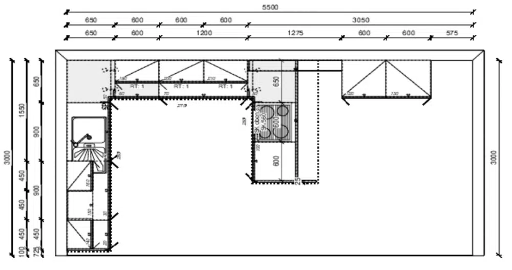 Häcker moderne Landhausküche mit Kochinsel Grundriss