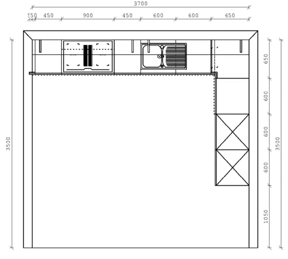 Schüller L-Küche im Landhausstil Grundriss