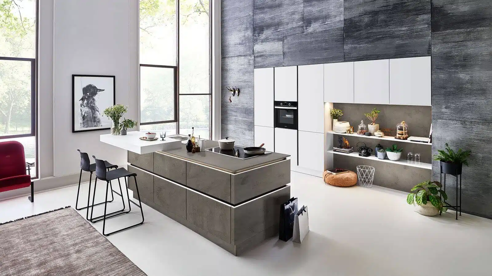 Nolte Design Inselküche soft Lack beton grifflos