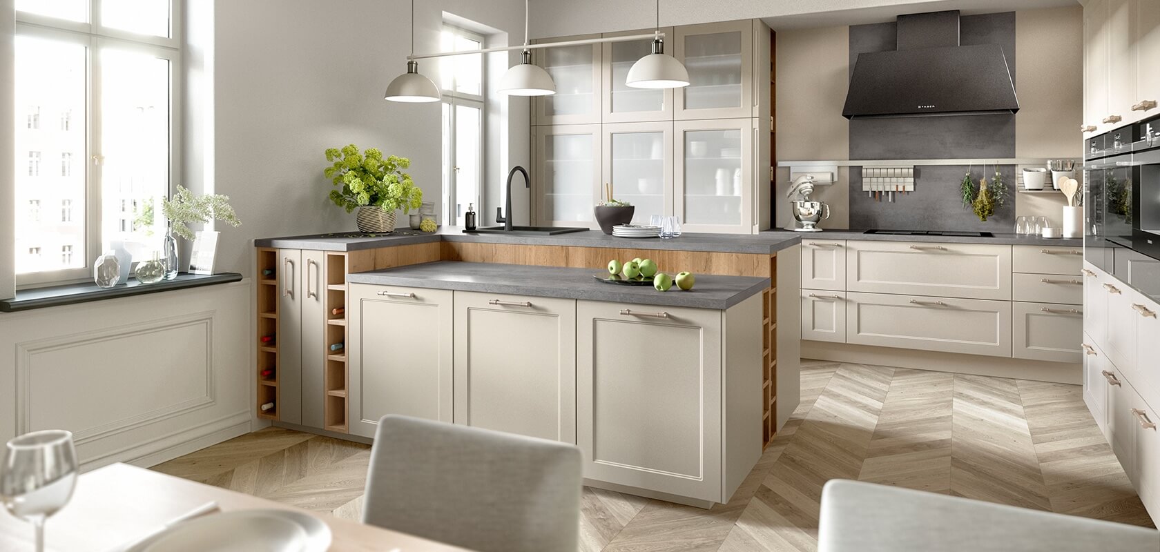 Nobilia Landhaus Inselküche magnolia mit Metallgriffen